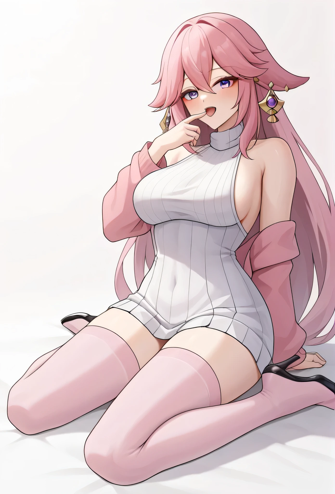 score_9,score_8_highly,score_7_highly,Bachong, alone, finger_To_mouth shut, Pink_chemise, Pink_theme, plain_backdrop, 1 girl, long_sleeve, open_mouth shut, pleated_Rock, breasts, seek_at_Toschauer, Pink_sweater, White_backdrop, White_chemise, Pink_Ribbon, sleeve_Past_wrists, highres, most absurd, sleeveless_sweater, hole body, Feet, five toes, Self-adhesive pink stockings, Plateau Pumps High Heels, strapse, sexly, Whitee High Heels,