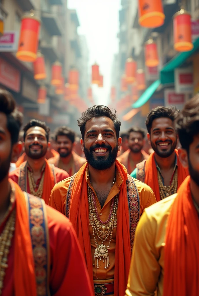 नगर में हो रहे उत्सव, खुशहाल लोग, रंग-बिरंगे वस्त्र और जश्न का माहौल। पुरुष भारतीय संस्कृति