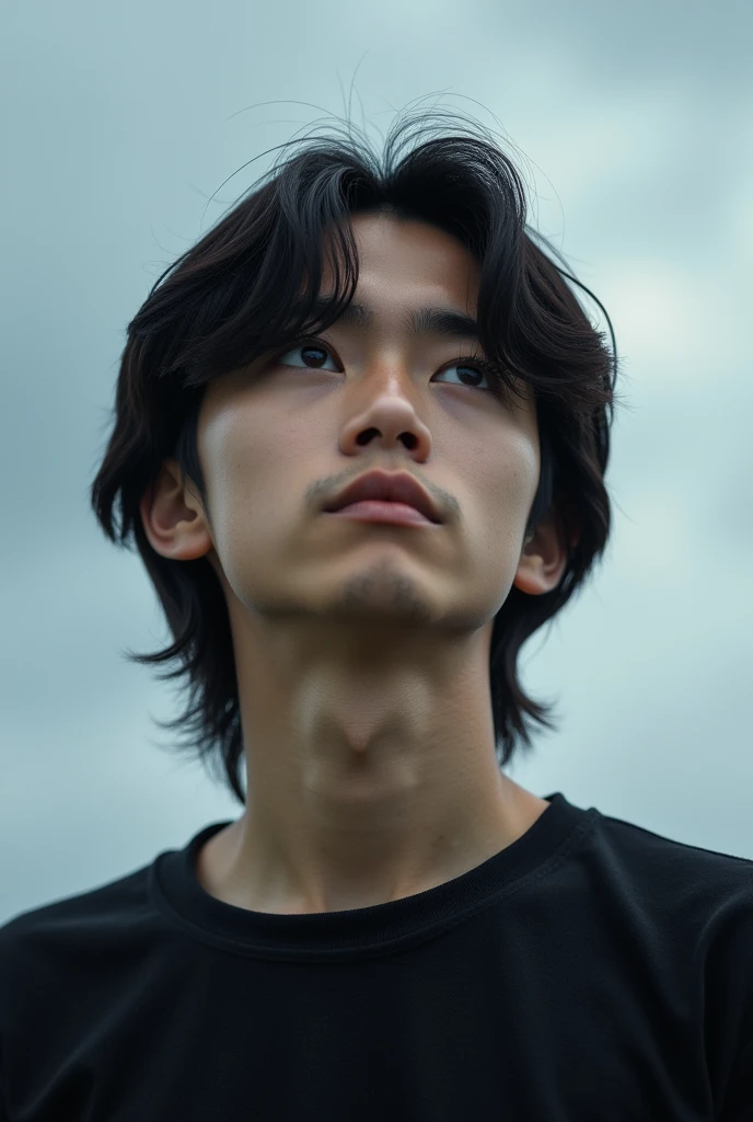 Boy with depression、Japanese、Beautiful Boy、Long Hair、black t-shirts、Extreme close-up、Face close-up、Genuine、Contrail、Look up at the sky、cloudy、Highest quality、masterpiece