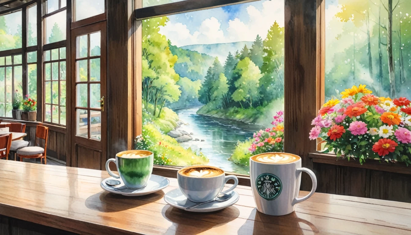 In the coffee shop, outside you can see the forest, the river, the watercolor painting, Ghibli, zoom in on the coffee cup, no people, there are flowers in the shop.