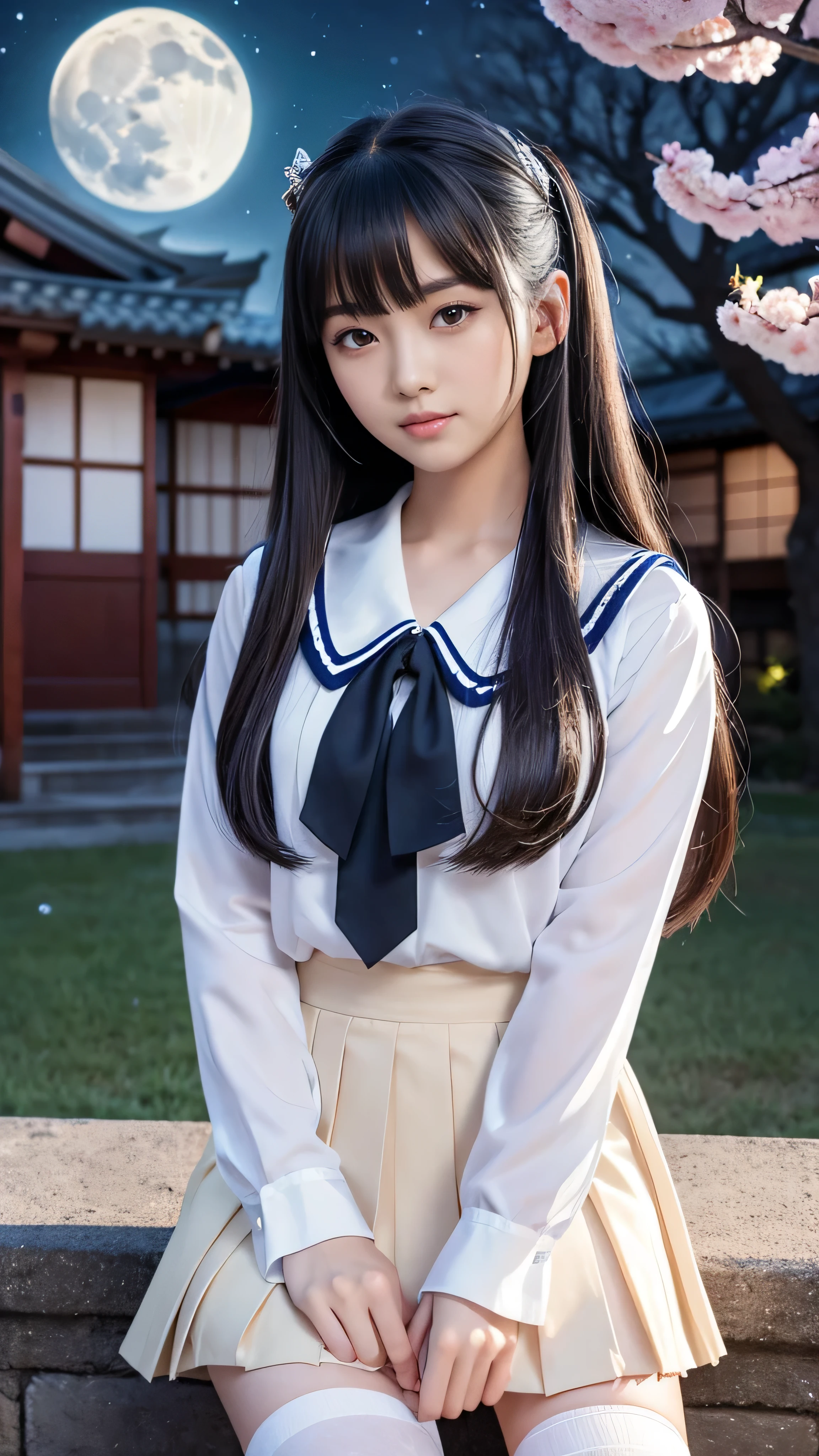 **Prompt:** Create an ultra-realistic 8K resolution image of Tsukuyomi, the Japanese moon god from Shinto mythology, reimagined as the ultimate Japanese high school girl while retaining the deity's iconic features. Tsukuyomi is depicted as a beautiful and graceful high school girl with long, flowing silver hair, styled into a sleek and straight fashion, cascading down her back. Her eyes are a mesmerizing silver, reflecting the gentle glow of the moon, giving her an otherworldly yet serene presence.
She wears a traditional Japanese high school uniform, featuring a navy blue pleated skirt and a white sailor blouse with silver accents, subtly representing the moon. The blouse is adorned with a small crescent moon pin on the collar, hinting at her divine origins. Her knee-high socks are pure white, and her polished black shoes complete the look, adding a touch of elegance.
Her expression is calm and composed, exuding an air of wisdom beyond her years, yet there is a soft, approachable warmth in her gaze. She holds a notebook with a moon and stars design, as if she’s ready to write down her thoughts or study under the moonlight.
The background features a moonlit schoolyard with sakura trees in bloom, their petals gently falling around her, creating a peaceful and magical atmosphere. The moon shines brightly in the sky, casting a soft glow over the scene, perfectly complementing Tsukuyomi’s ethereal high school girl transformation.
