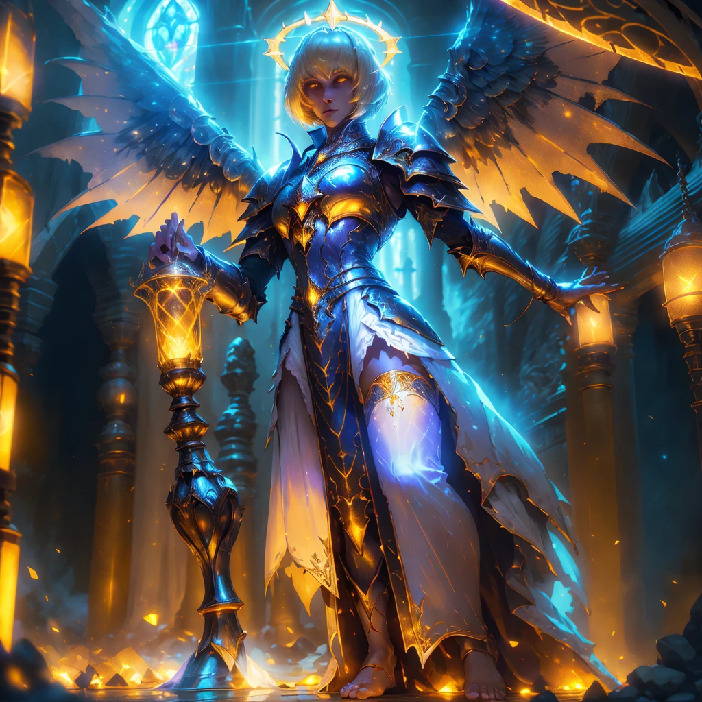 low angle, from below, Paladin Templar, lady in a white tabard, stockings, glowing yellow eyes, Collar, Golden chain mail, wide hips, barefoot, Angel wings, shoulder pads, halo, bob haircut, blonde, eye focus, Red Cape, Indoor Temple, decorations, stained glass windows, night, particles, chromatic aberration, detailed, cinematic, dark scene, Fantasy