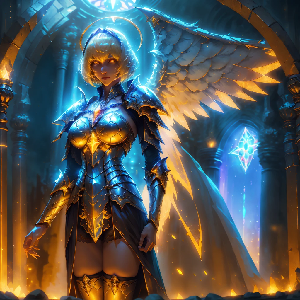 low angle, from below, Paladin Templar, lady in a white tabard, stockings, glowing yellow eyes, Collar, Golden chain mail, wide hips, barefoot, Angel wings, shoulder pads, halo, bob haircut, blonde, eye focus, Red Cape, Indoor Temple, decorations, stained glass windows, night, particles, chromatic aberration, detailed, cinematic, dark scene, Fantasy