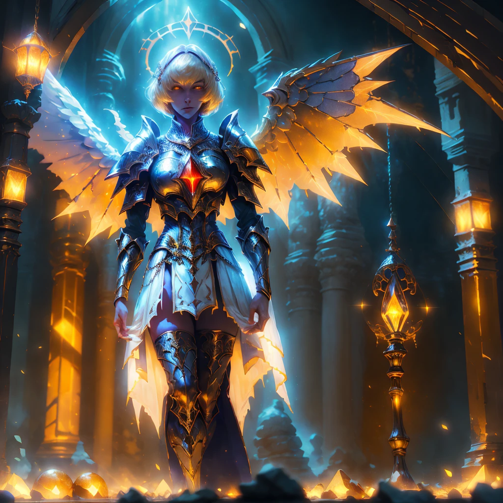 low angle, from below, Paladin Templar, lady in a white tabard, stockings, glowing yellow eyes, Collar, Golden chain mail, wide hips, barefoot, Angel wings, shoulder pads, halo, bob haircut, blonde, eye focus, Red Cape, Indoor Temple, decorations, stained glass windows, night, particles, chromatic aberration, detailed, cinematic, dark scene, Fantasy