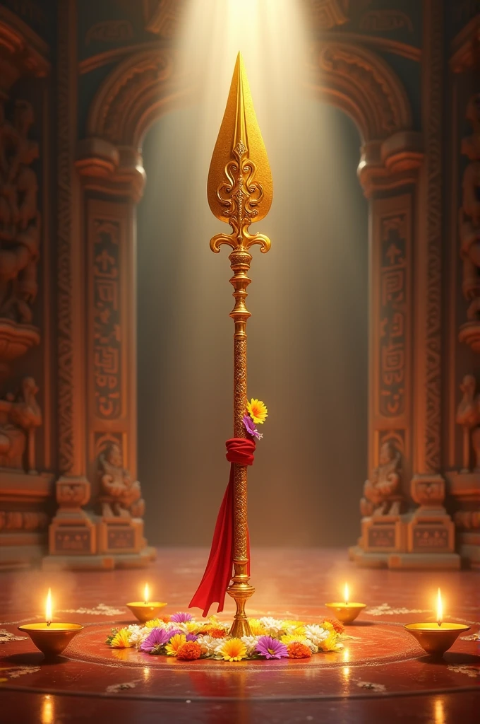 "A divine representation of Lord Murugan's Vel, a gleaming golden spear with intricate carvings, standing upright in a sacred temple setting. The Vel is adorned with vibrant flowers like jasmine and marigold, with a sacred red cloth tied around its shaft. The blade of the Vel is sharp and shining, reflecting the light of surrounding oil lamps that cast a warm glow. In the background, the temple walls are adorned with ancient Tamil inscriptions and murals depicting the stories of Lord Murugan. The atmosphere is filled with the scent of incense, and a soft light filters through, illuminating the Vel, symbolizing its power and divine energy."