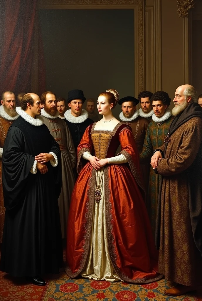 An oil painting of Anne Boleyn being arrested with ministers standing around her from the other Boleyn girl
