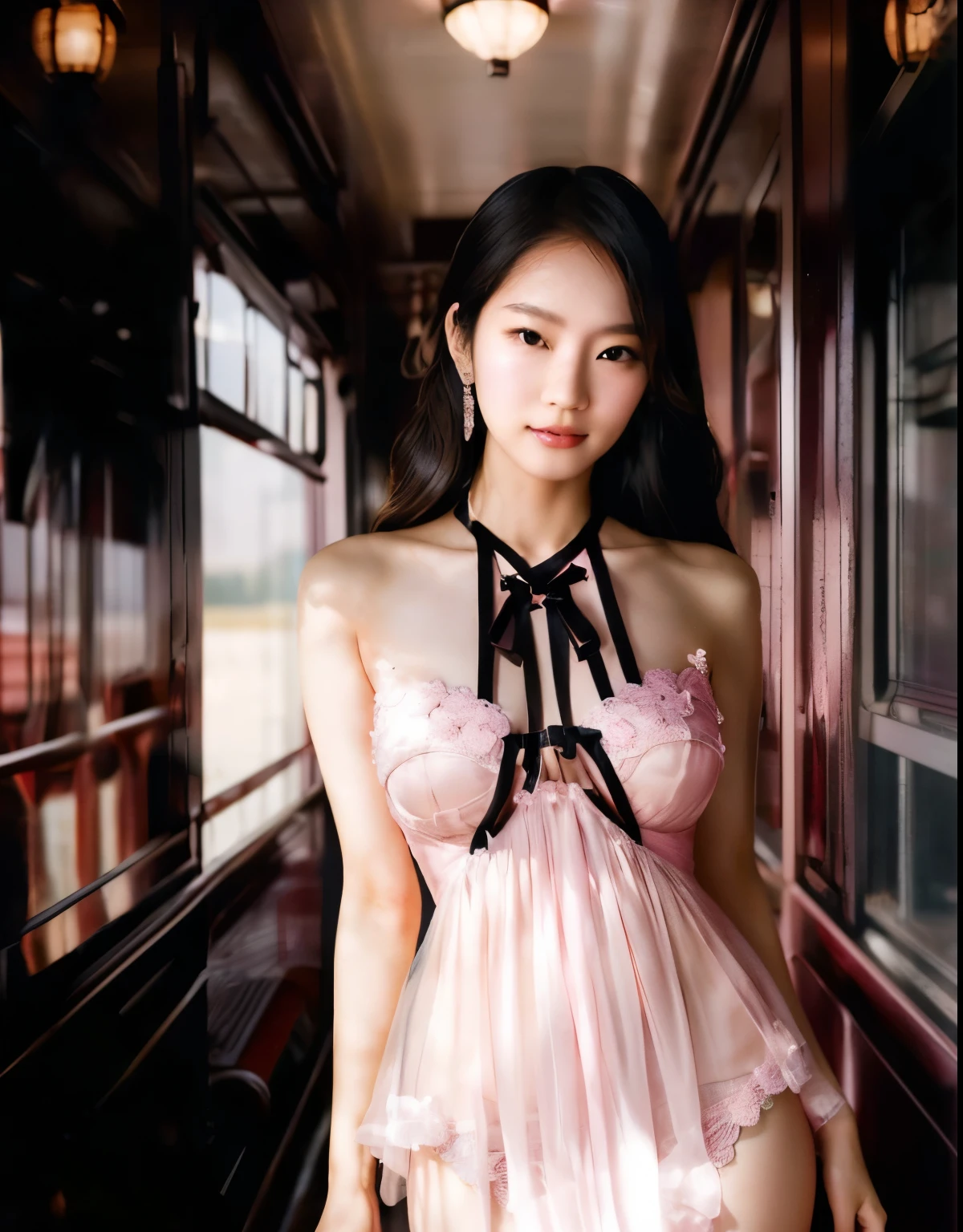 araffed woman in a pink lingerie posing in a train, sha xi, gorgeous Japanese model, xintong chen, japanese model, chinese girl, blackpink jennie, wenfei ye, translucent dress, beautiful south korean woman, lulu chen, a stunning young ethereal figure, oriental fantasy, zezhou chen, cheongsam, Pink lace、Lingerie、Pink thin cloth、Miho Yoshioka、Orient Express