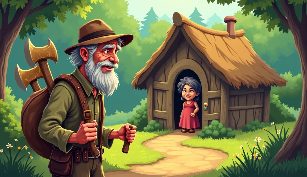 Old woodcutter golden silver iron axes come to your hut house see your wife cartoon