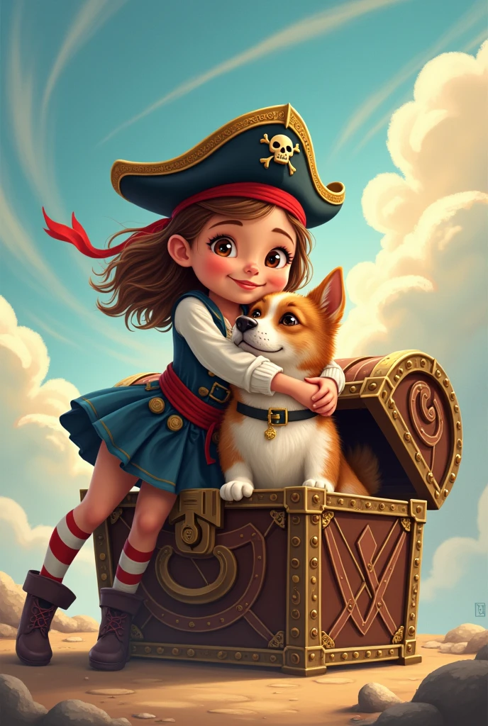 girl dressed as a pirate, dog in a treasure chest and girl hugging dog out of the chest vector image