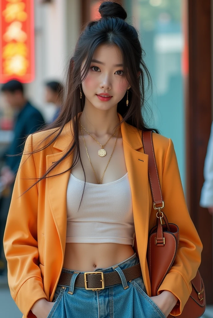 Create an image of a Chinese girl wearing modern and fashionable clothing. She should exude confidence and style, with her hair styled in a contemporary manner, such as sleek and straight, loose waves, or a trendy updo. Her eyes should be perfect, detailed, and expressive, capturing her vibrant personality. Her outfit should be trendy and well-coordinated, featuring modern elements such as a stylish jacket or blazer, a fashionable blouse or crop top, and tailored pants or a chic skirt. Accessories like statement jewelry, a designer handbag, or fashionable sneakers can add to the contemporary vibe. The color scheme should be current, with a mix of bold and neutral tones that enhance her look. The setting should be an urban environment or a fashionable backdrop that complements the modern style of her outfit. The lighting should be vibrant and flattering, highlighting the details of her clothing and the textures of her accessories. Best image ever, photo-realistic, best quality, highest quality, 8k resolution, perfect image.
