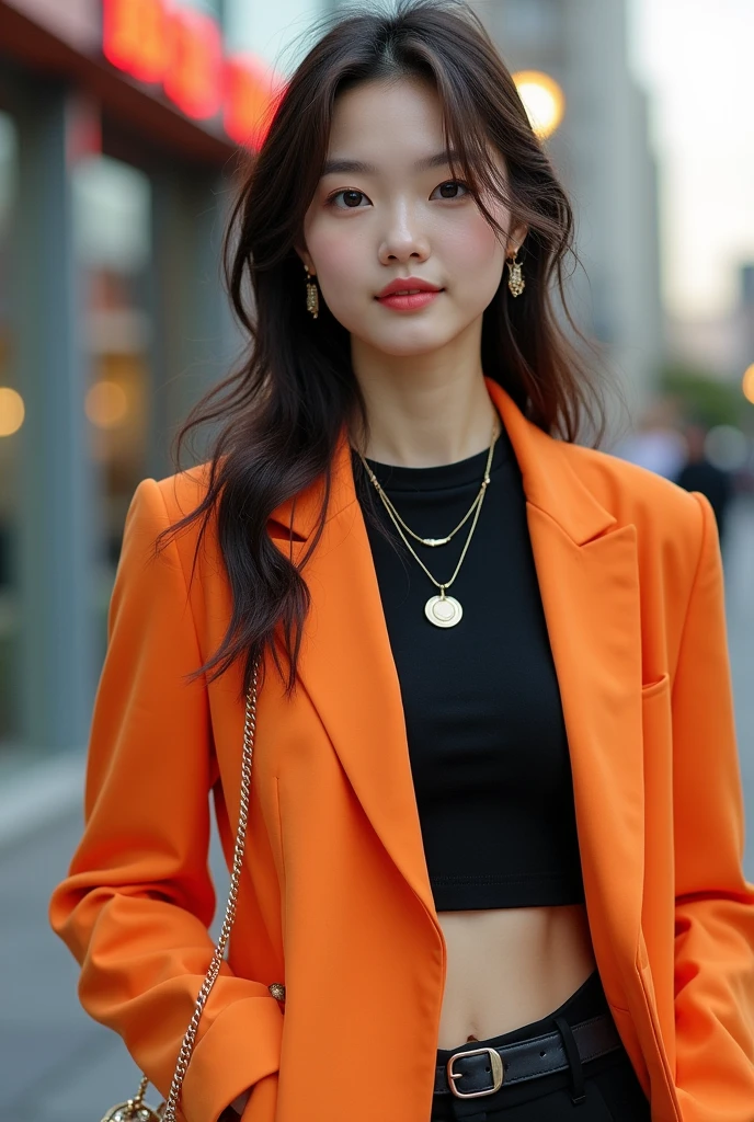 Create an image of a Chinese girl wearing modern and fashionable clothing. She should exude confidence and style, with her hair styled in a contemporary manner, such as sleek and straight, loose waves, or a trendy updo. Her eyes should be perfect, detailed, and expressive, capturing her vibrant personality. Her outfit should be trendy and well-coordinated, featuring modern elements such as a stylish jacket or blazer, a fashionable blouse or crop top, and tailored pants or a chic skirt. Accessories like statement jewelry, a designer handbag, or fashionable sneakers can add to the contemporary vibe. The color scheme should be current, with a mix of bold and neutral tones that enhance her look. The setting should be an urban environment or a fashionable backdrop that complements the modern style of her outfit. The lighting should be vibrant and flattering, highlighting the details of her clothing and the textures of her accessories. Best image ever, photo-realistic, best quality, highest quality, 8k resolution, perfect image.