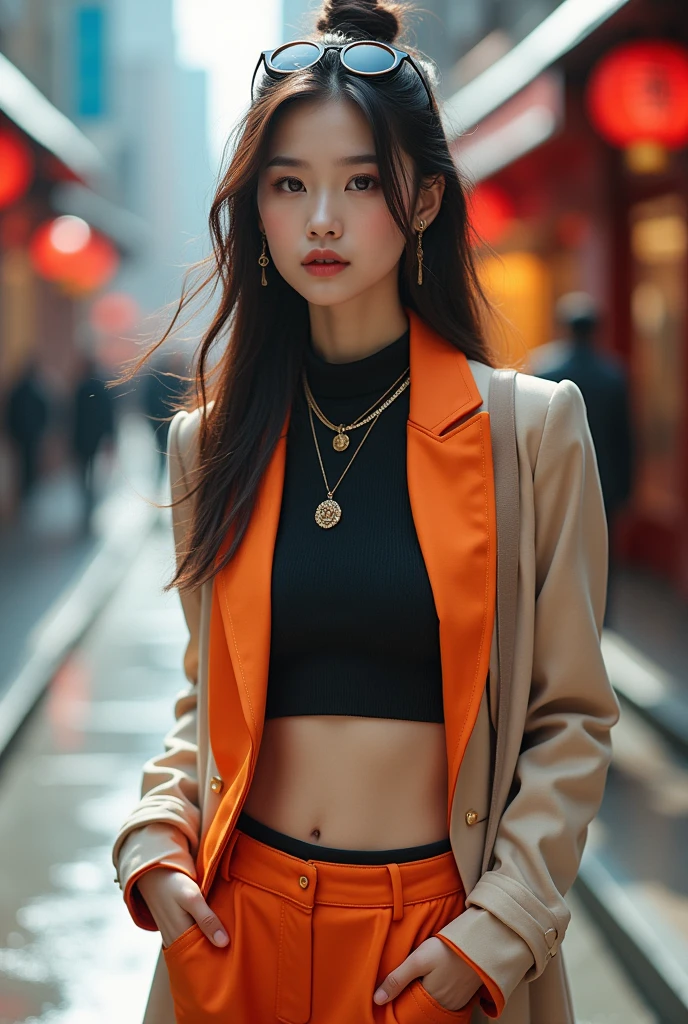 Create an image of a Chinese girl wearing modern and fashionable clothing. She should exude confidence and style, with her hair styled in a contemporary manner, such as sleek and straight, loose waves, or a trendy updo. Her eyes should be perfect, detailed, and expressive, capturing her vibrant personality. Her outfit should be trendy and well-coordinated, featuring modern elements such as a stylish jacket or blazer, a fashionable blouse or crop top, and tailored pants or a chic skirt. Accessories like statement jewelry, a designer handbag, or fashionable sneakers can add to the contemporary vibe. The color scheme should be current, with a mix of bold and neutral tones that enhance her look. The setting should be an urban environment or a fashionable backdrop that complements the modern style of her outfit. The lighting should be vibrant and flattering, highlighting the details of her clothing and the textures of her accessories. Best image ever, photo-realistic, best quality, highest quality, 8k resolution, perfect image.