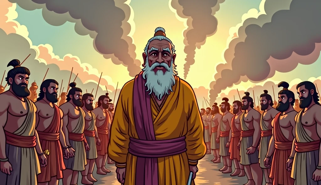 cartoon style द्रोणाचार्य, एक अनुभवी और धीर संत, अपने शिष्यों के साथ युद्ध का निरीक्षण करते हुए, उनके चेहरे पर चिंतनशील भाव।