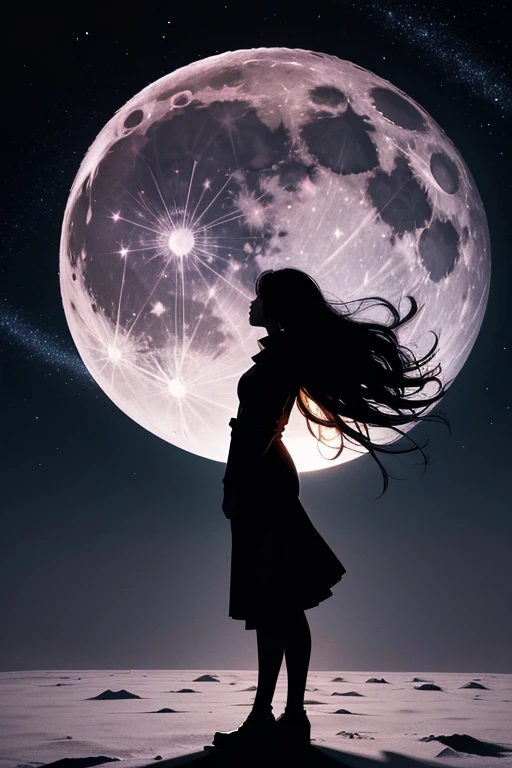 Highest quality,Big moon and shadow,A silhouette of a person can be seen against the backdrop of a large moon.,There is one full moon,There is a mood,Beautiful scenery,Starry Sky