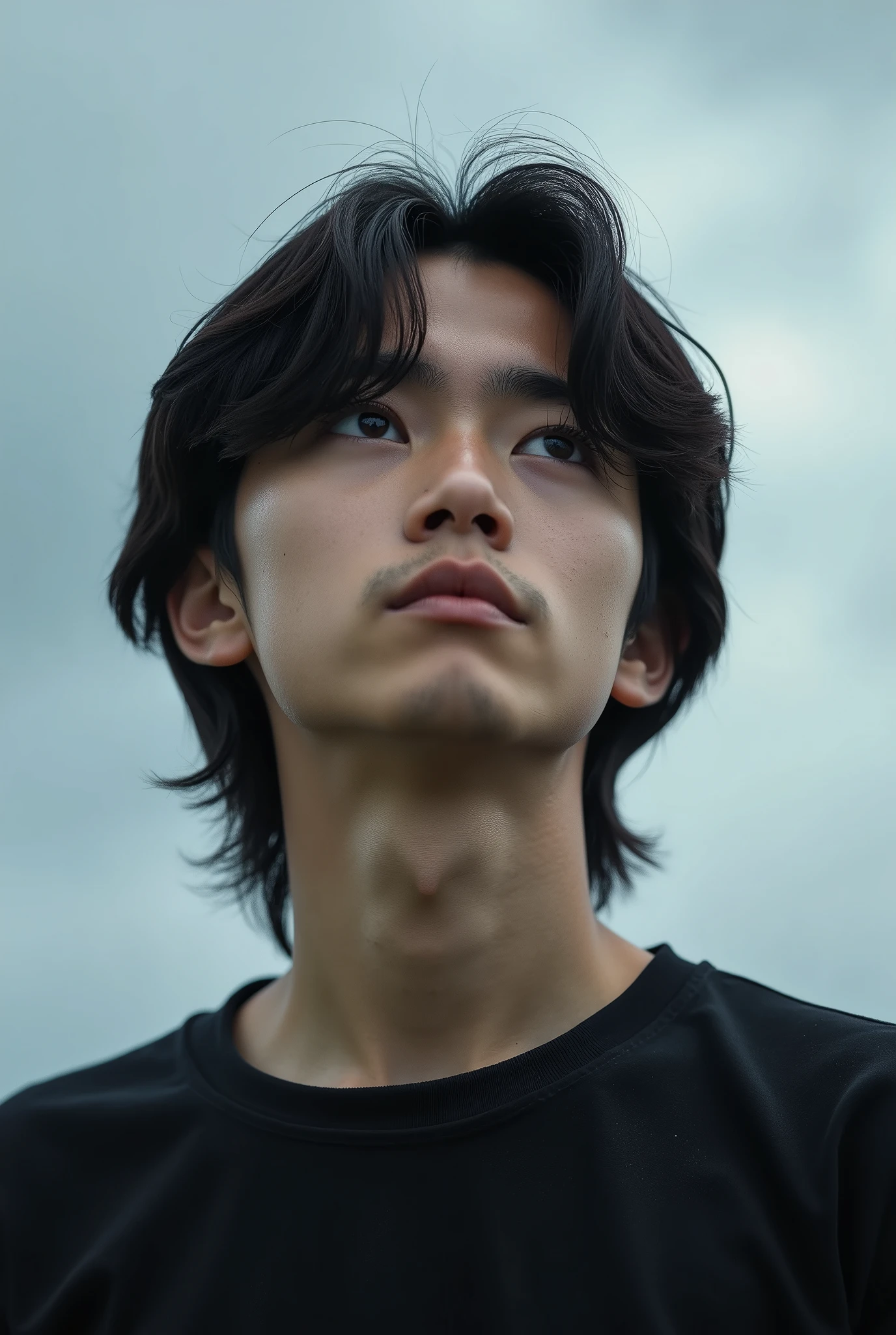 Boy with depression、Japanese、Beautiful Boy、Long Hair、black t-shirts、Extreme close-up、Face close-up、Genuine、Contrail、Look up at the sky、cloudy、Highest quality、masterpiece