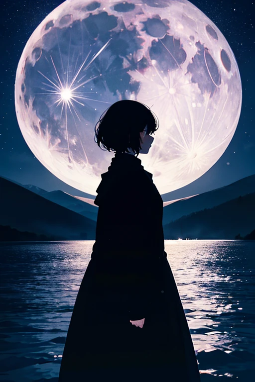 Highest quality,Big moon and shadow,A silhouette of a person can be seen against the backdrop of a large moon.,There is one full moon,There is a mood,Beautiful scenery,Starry Sky