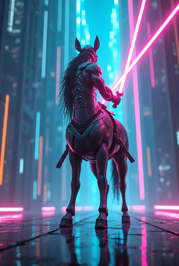 a Centaurs, cyberpunk, lightsabers, neon, digital matrix,