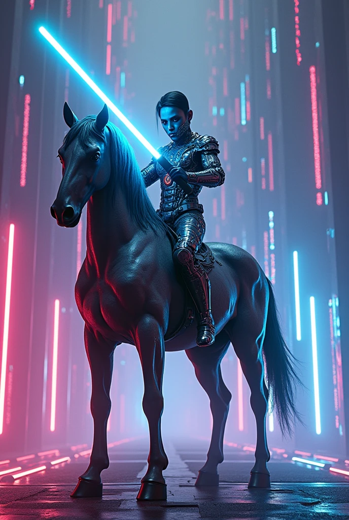 a Centaurs, cyberpunk, lightsabers, neon, digital matrix,