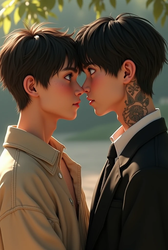 felix/Stray kids natural realistic man, with freckles on her cheeks, with honey-colored eyes, dressed in cute oversized clothing, kissing on the lips, in Hyunjin/Realistic Stray Kids with dark hair, blue-gray eyes, with a tattooed neck, like the hands, Dressed in black suit. 