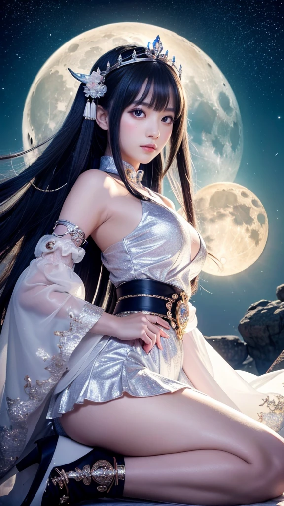 **Prompt:** Create an ultra-realistic 8K resolution image of Tsukuyomi, the Japanese moon god from Shinto mythology, reimagined as the ultimate magical girl while retaining the deity's iconic features. Tsukuyomi is depicted as a radiant magical girl with long, flowing silver hair that sparkles with a celestial glow. Her eyes are luminous, reflecting the light of the moon, and they hold a mysterious yet enchanting allure.

She is dressed in an elaborate magical girl outfit that blends traditional Japanese elements with modern magical girl aesthetics. The outfit features a flowing, moonlit silver dress with intricate designs resembling the phases of the moon, adorned with delicate ribbons and lace. Her waist is cinched with a silver belt that has a crescent moon buckle, and her sleeves are puffy, adding a touch of cuteness to her divine appearance.

Her accessories include a magical staff topped with a glowing crescent moon, which she wields gracefully. A tiara with a moonstone gem rests on her head, symbolizing her connection to the lunar deity. Her boots are knee-high, sleek, and silver, with crescent moon accents on the sides.

The background showcases a mystical night sky filled with stars and galaxies, with the full moon shining brightly above her. Sparkling dust and magical symbols float around her as she strikes a powerful yet elegant pose, ready to harness the moon’s magic to protect the world. The scene captures the essence of Tsukuyomi’s divine power transformed into an irresistible and majestic magical girl form.