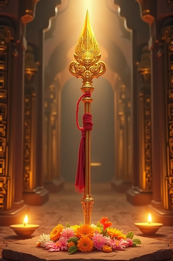 "A divine representation of Lord Murugan's Vel, a gleaming golden spear with intricate carvings, standing upright in a sacred temple setting. The Vel is adorned with vibrant flowers like jasmine and marigold, with a sacred red cloth tied around its shaft. The blade of the Vel is sharp and shining, reflecting the light of surrounding oil lamps that cast a warm glow. In the background, the temple walls are adorned with ancient Tamil inscriptions and murals depicting the stories of Lord Murugan. The atmosphere is filled with the scent of incense, and a soft light filters through, illuminating the Vel, symbolizing its power and divine energy."