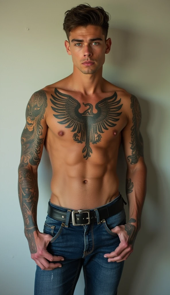 A handsome boy wearing jeans with a bad boy kind of image
some tattoos on arms, chest, and back
Short hair with Slick back hair style. Skin-wise a bit tanned. Nothing too extreme, just enough to have a bit of a golden touch. And deep blue eyes.