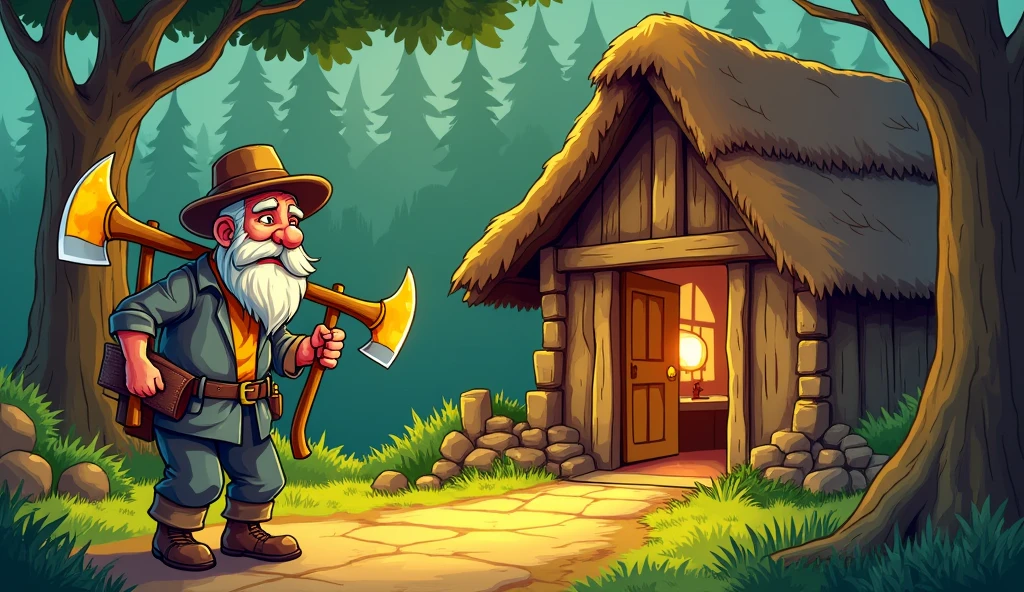  Old woodcutter golden silver iron axes come to your hut room see your wife cartoon 