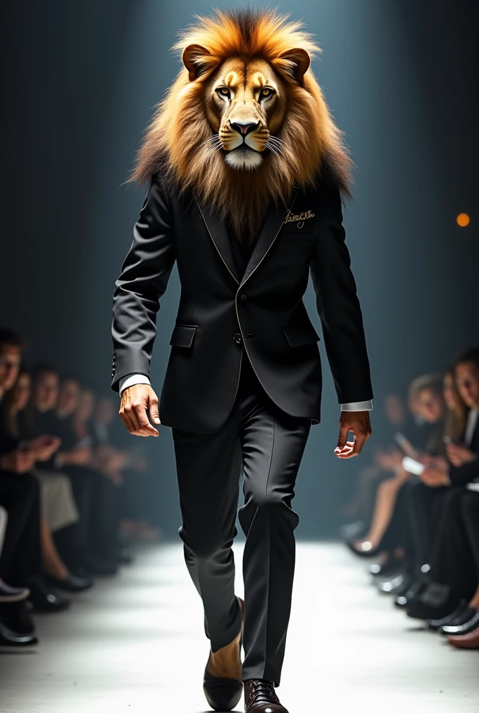 Lion wearing a suit in fashion show.