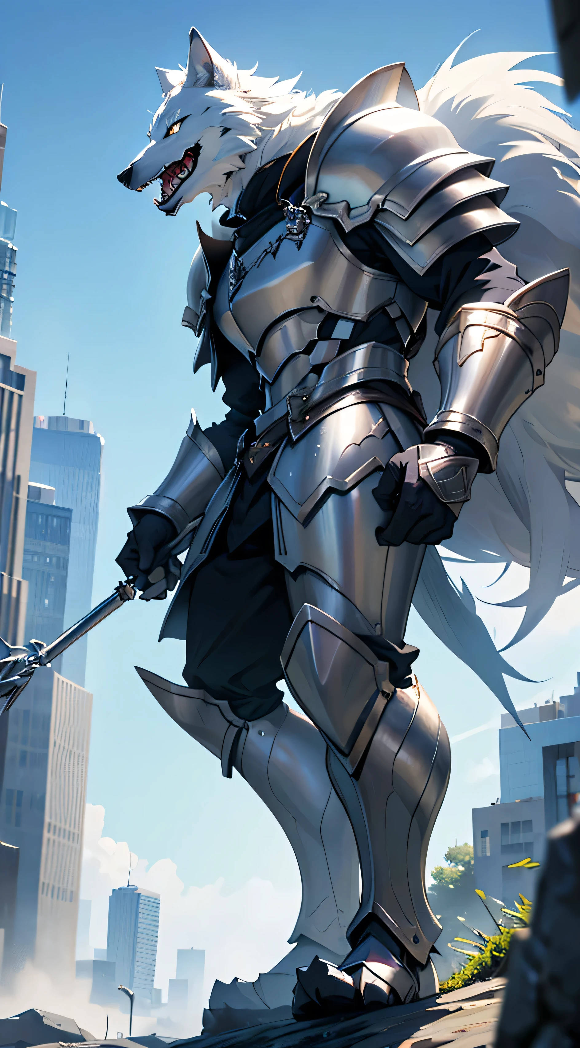 (best quality, 4K, 8k, high resolution, masterpiece:1.2), white wolf monster, White wolf in armor, furry wolf monster with short legs, Side pose, full body pose, Outdoor Lighting, vertical lighting, city background, Lunch hour, large claws on front feet, Gaze angle at shoulder height, meadow background, Front side view, Open your mouth and show your teeth.
