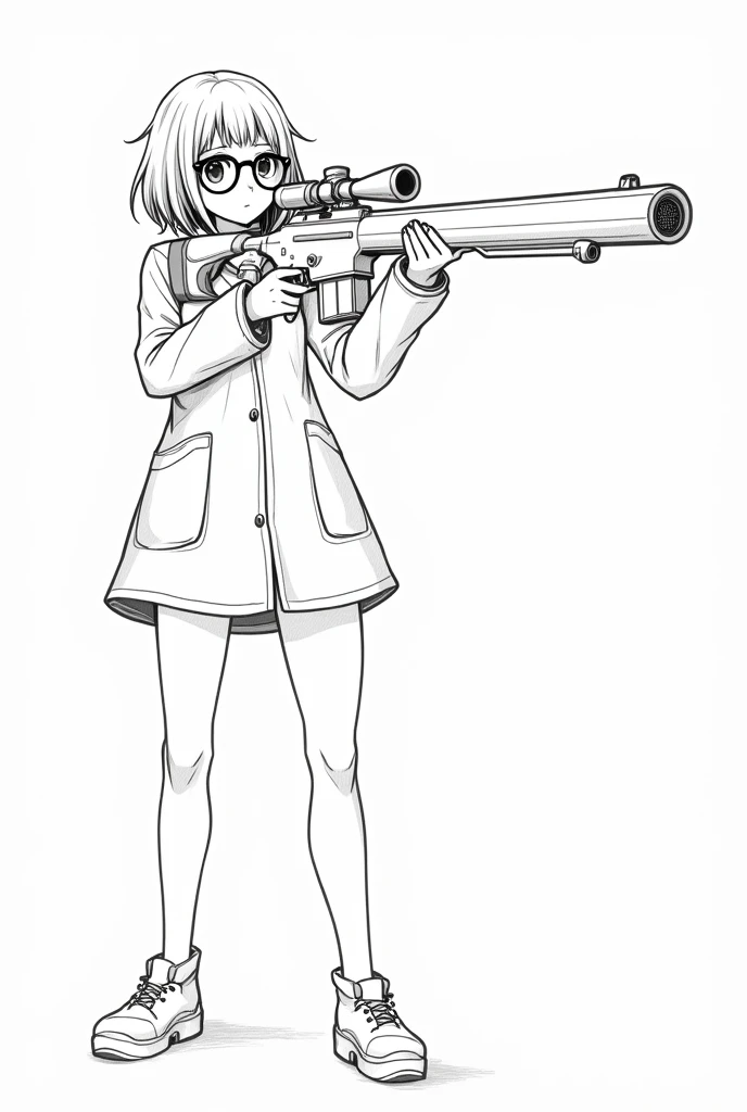 sketches of a drawing of anime scientits girl posing, line art, traditional anime art, holding a heavy rilfe sniper gun, wearing glasses
