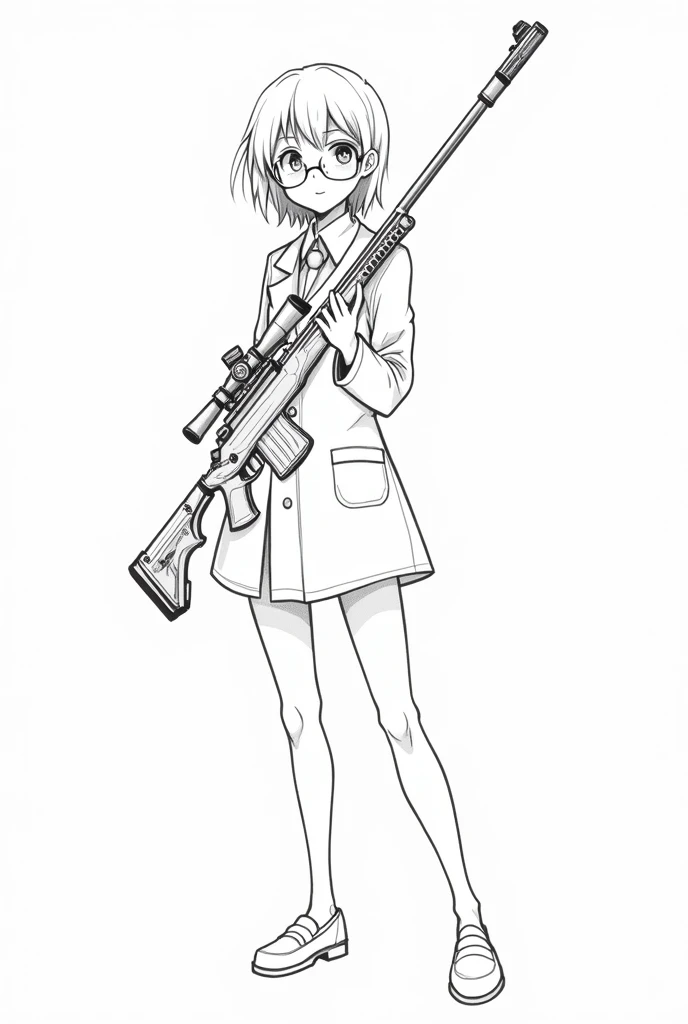 sketches of a drawing of anime scientits girl posing, line art, traditional anime art, holding a heavy rilfe sniper gun, wearing glasses