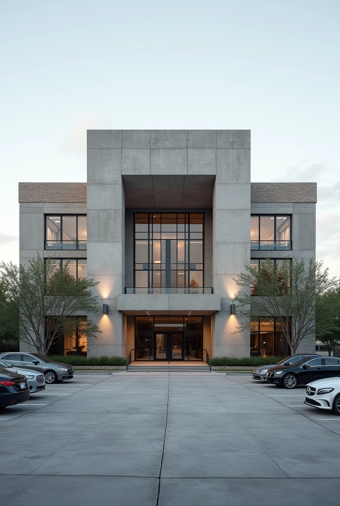 There is a building with a parking lot in front of it., external photo, exterior wide shot, external photo, stone facade, outside view, dramatic front view, wide angle exterior 2022, a broad and complete plan, concrete building, approximate photo, taken at the beginning of 2020, Wide photo, facing forward, Brick building