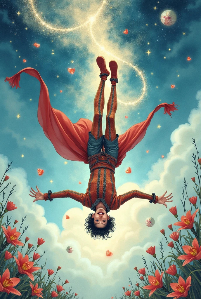 WATERCOLOR sparks clouds sparks moon stars , white blue sky sparks,, remedios varo SURREALISM harlequin man hanging out upside down by feet smiling  wavy hair. long cape sparks, liliums sparks  , sky full of  sparks   , heart sparks ,, stars sparks  , ,jewels SPARKS diamonds pearls rubies zafires ,  barbwire silver sparks , the four elements garland , fishes , white ice blue scarlet orange whitesparks, fireflies
[Watercolor (SDXL)]