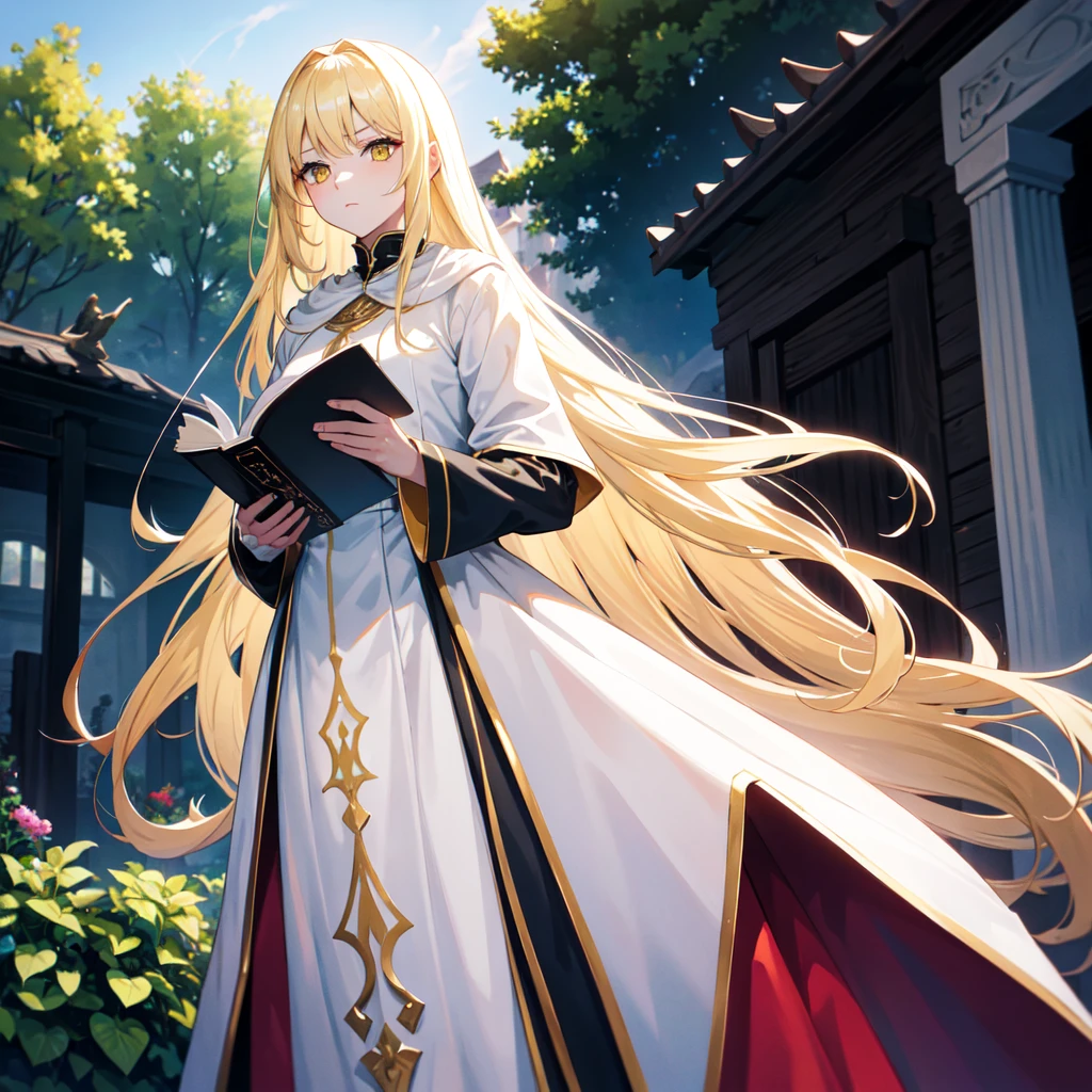 1 tall woman. long blonde hair. wearing white long cape, black body fit clothes, red pants and black high boots. yellow eyes. reading scrolls in an outside garden. high res, ultrasharp, 8k, masterpiece