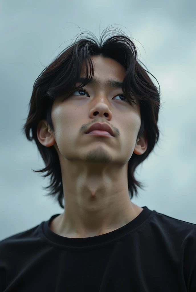 Boy with depression、Japanese、Beautiful Boy、Long Hair、black t-shirts、Extreme close-up、Face close-up、Genuine、Contrail、Look up at the sky、cloudy、Highest quality、masterpiece