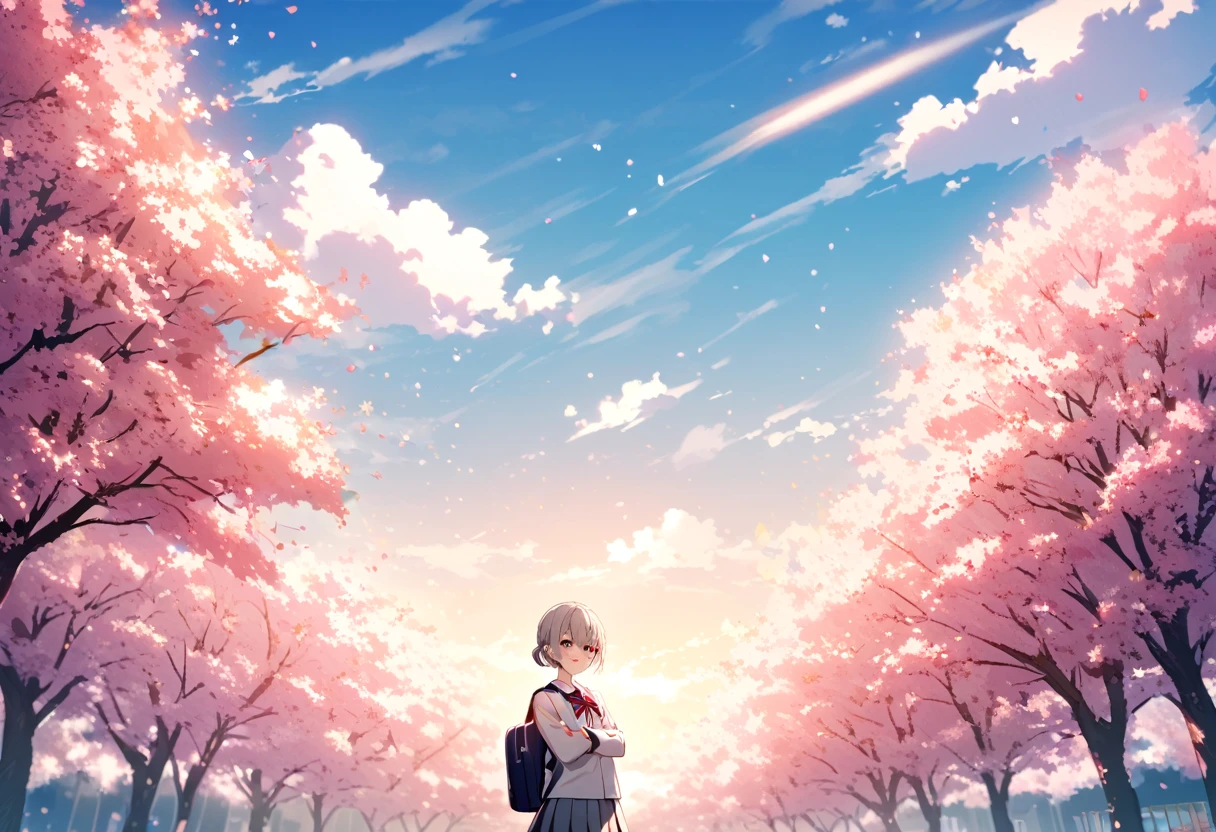 good looking, alone, 1 male, Gray Hair, Red eyes, shirt, noon, White Light,cute目,Short hairstyle,cute,Falling from the sky,綺麗なspringの空,a lot of cherry blossom,spring,flower,Glittering scenery,bright,looking at the camera,Japanese School Uniform,High School Uniform