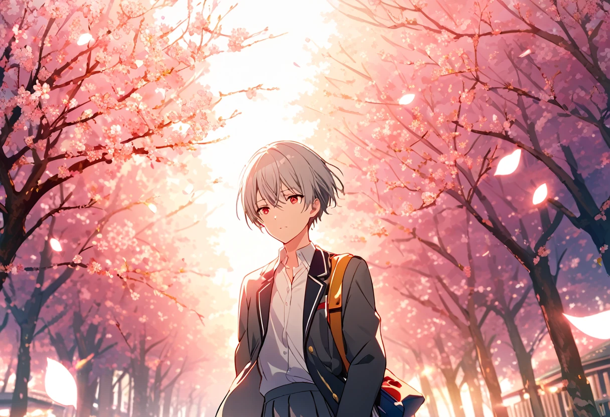 good looking, alone, 1 male, Gray Hair, Red eyes, shirt, noon, White Light,cute目,Short hairstyle,cute,Falling from the sky,綺麗なspringの空,a lot of cherry blossom,spring,flower,Glittering scenery,bright,looking at the camera,Japanese School Uniform,High School Uniform