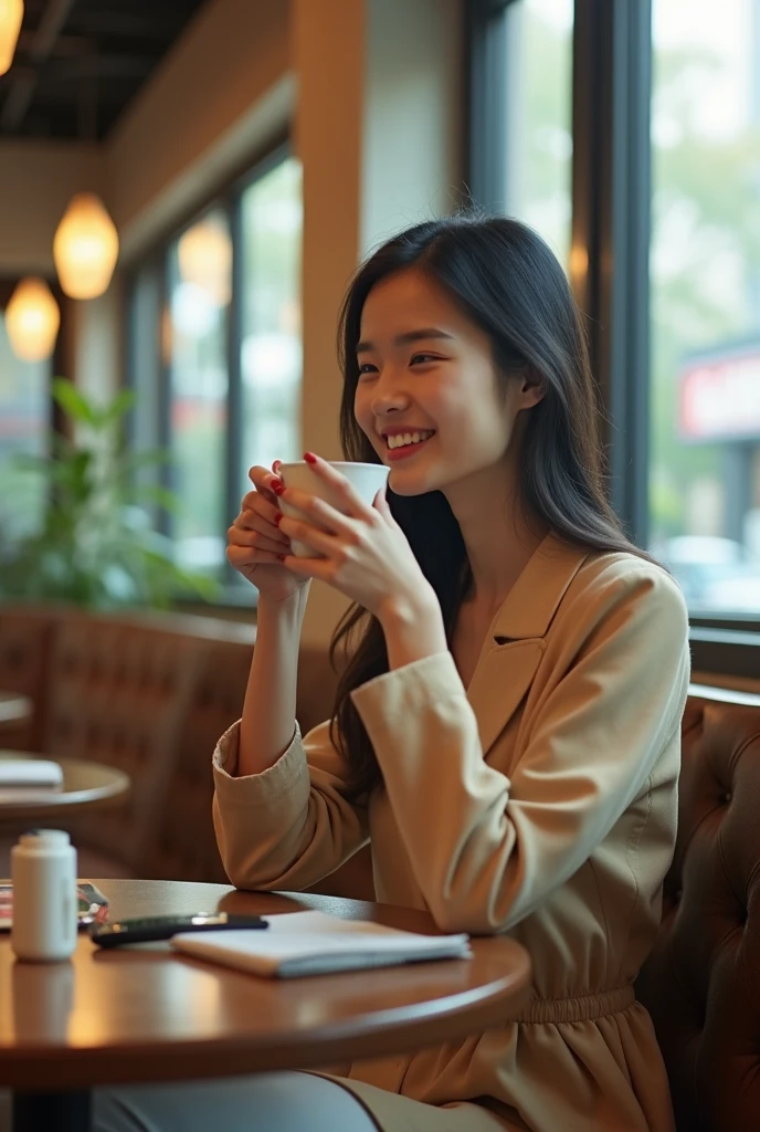 Chinese girl drinking coffee in Starbucks，Coffee table，Cozy interior，Natural light，panoramic，Wide-angle lens，Soft tones，Smile，Relax，Comfort。 Subjective perspective half body