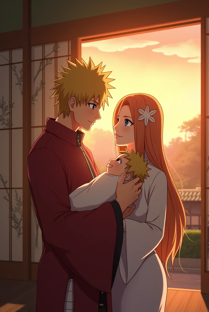 "Inside the warm, softly lit Hokage’s residence, Minato holds newborn Naruto in his arms while Kushina lovingly watches over them. The room is filled with a gentle light from the evening sun, casting a golden hue over the scene. The parents' faces are full of love and hope, their eyes reflecting dreams for their son’s future. The room is decorated with delicate traditional elements, and outside the window, the Hidden Leaf Village can be seen preparing for nightfall. This tender moment captures the peaceful beginning before the storm."