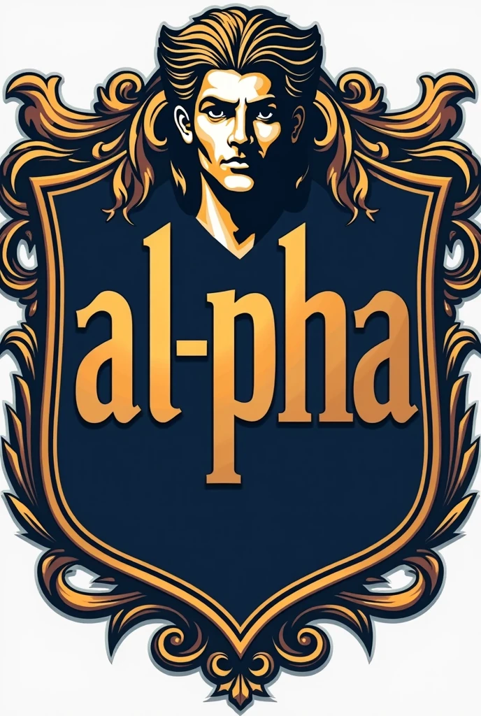 CREATE ART WITH WRITING "AL-PHA" TO BE THE CENTER OF A COAT OF ARMS LOGO STYLE OF ACADEMIC ATHLETES