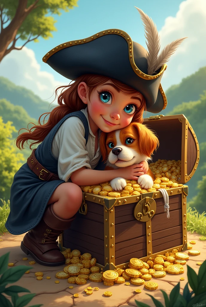 girl dressed as a pirate, dog in a treasure chest and girl hugging dog outside the chest