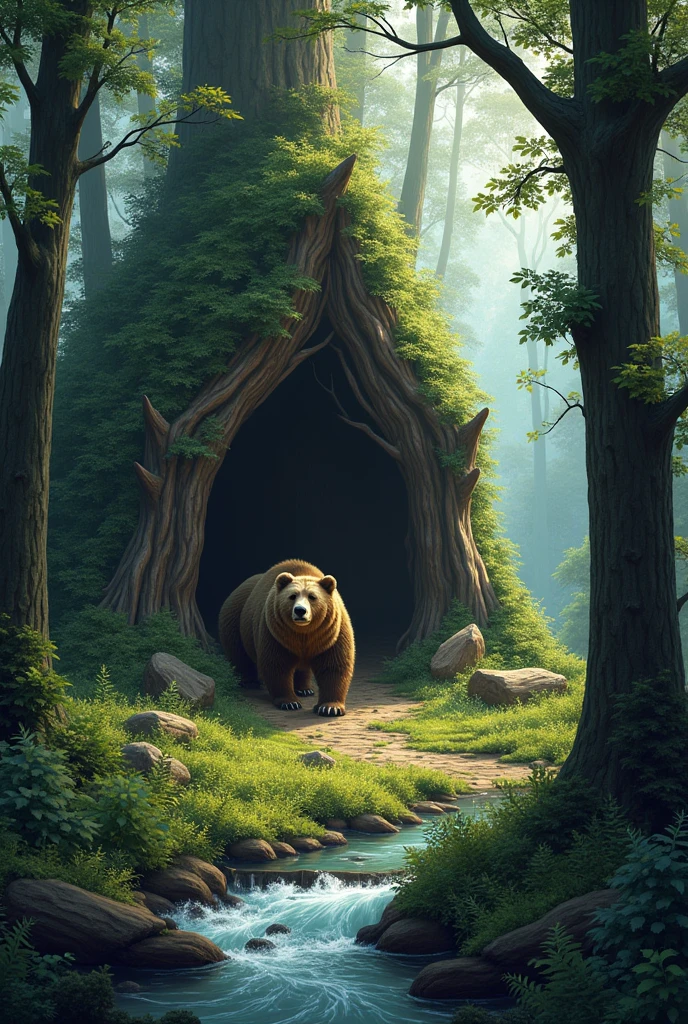 Home of bear that in the middle of forest filled with nature