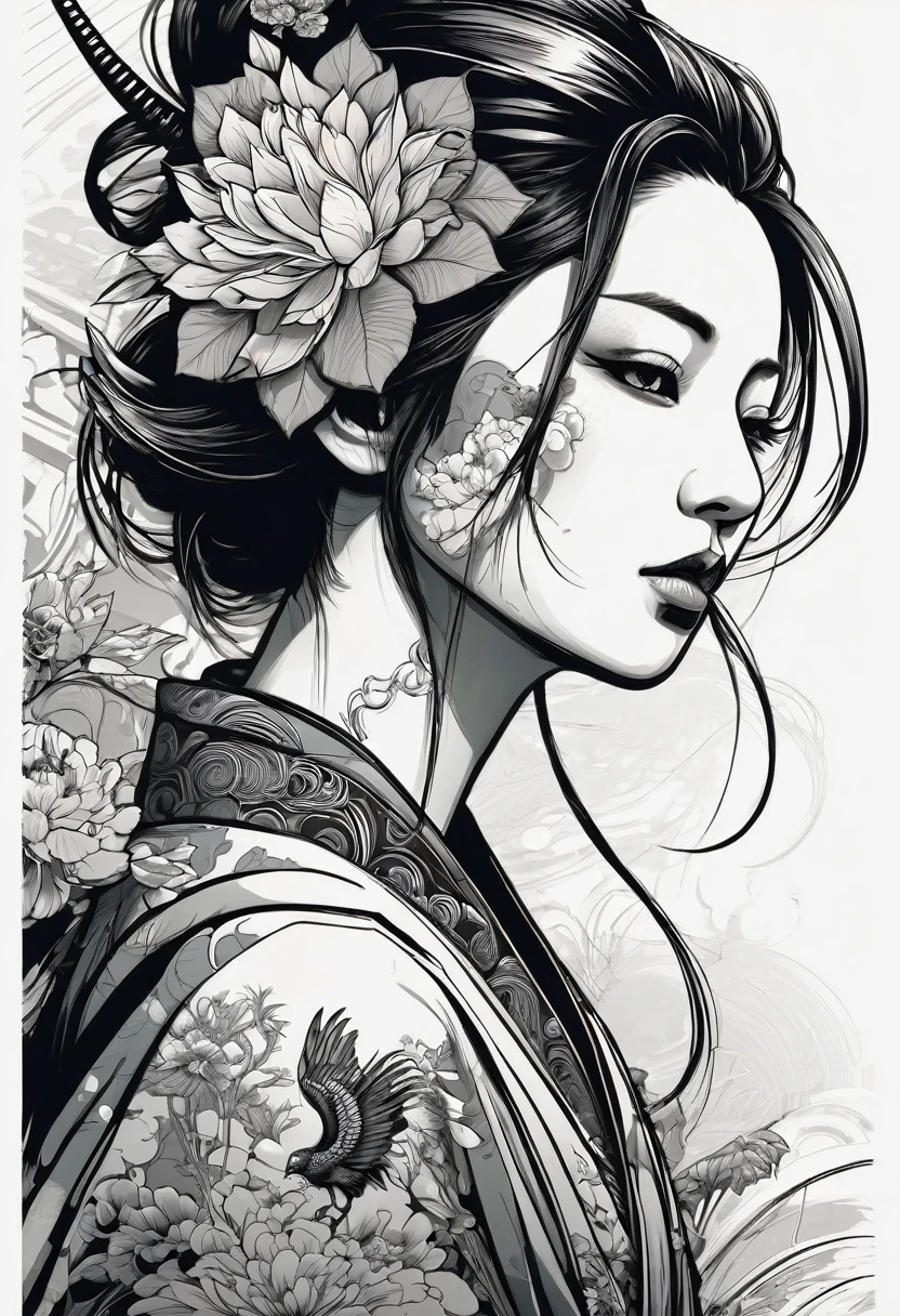 Design a t-shirt with a Japanese fantasy illustration of a naked samurai geisha tattooed on the shoulder. (retrato de meio corpo)  Combine a detailed black and white design with vibrant, colorful fantasy digital elements crows. Get inspired by Dan Mumford&#39;s intricate and dynamic styles, Junko Mizuno, e Frank Frazetta.negative space