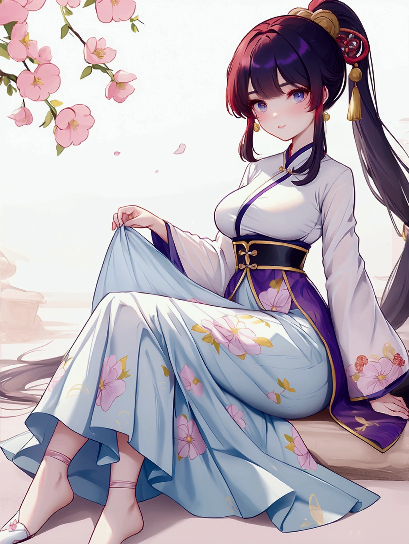 Create Female Ranma, make a girl,Clear contours, Colorful full body photos, (Beautiful and delicate eyes), (pretty face:1.3), childish face, Short red hair,Configure single ponytail, (Bangs), bumpy Bangs, blue gray eyes, big eyes,Plump breasts,(Clothes Chinese Hanfu)(Horse-faced long skirt)Top: fitted white shirt(fine lace),Bottom light purple chiffon wide-legged high-waisted loose and elegant nine-point pleated long skirt(Practical:1.2),(Floral Print), (The actual upper and lower body clothes are:3.7 scale),Face the camera head-on,One foot is slightly bent against the calf of the other leg。