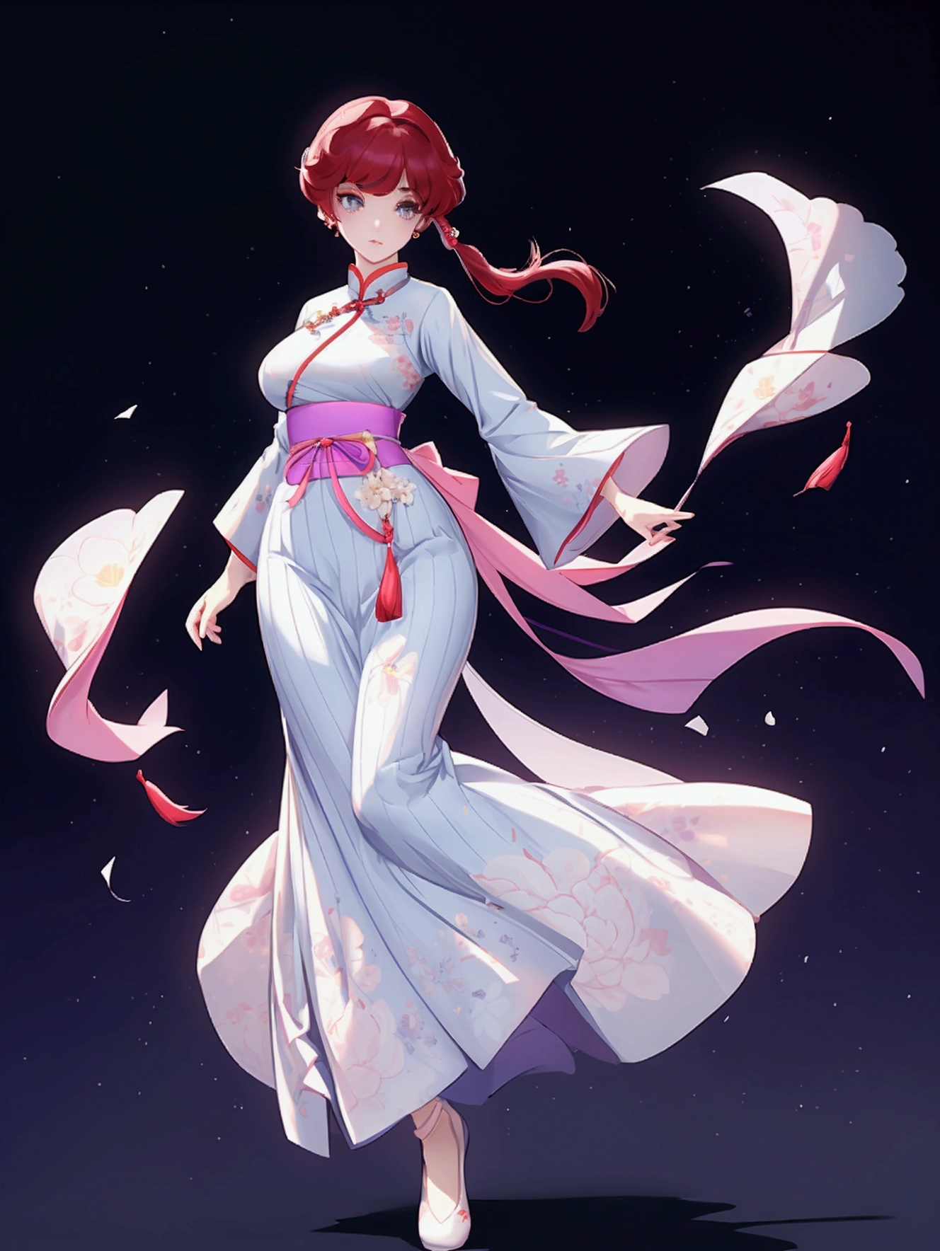 Create Female Ranma, make a girl,Clear contours, Colorful full body photos, (Beautiful and delicate eyes), (pretty face:1.3), childish face, Short red hair，Configure single ponytail, (Bangs), bumpy Bangs, blue gray eyes, big eyes，Plump breasts，(Clothes Chinese Hanfu)(Horse-faced long skirt)Top: fitted white shirt(fine lace),Bottom light purple chiffon wide-legged high-waisted loose and elegant nine-point pleated long skirt(Practical:1.2),(Floral Print),   (The actual upper and lower body clothes are:3.7 scale)，Face the camera head-on，One foot is slightly bent against the calf of the other leg。