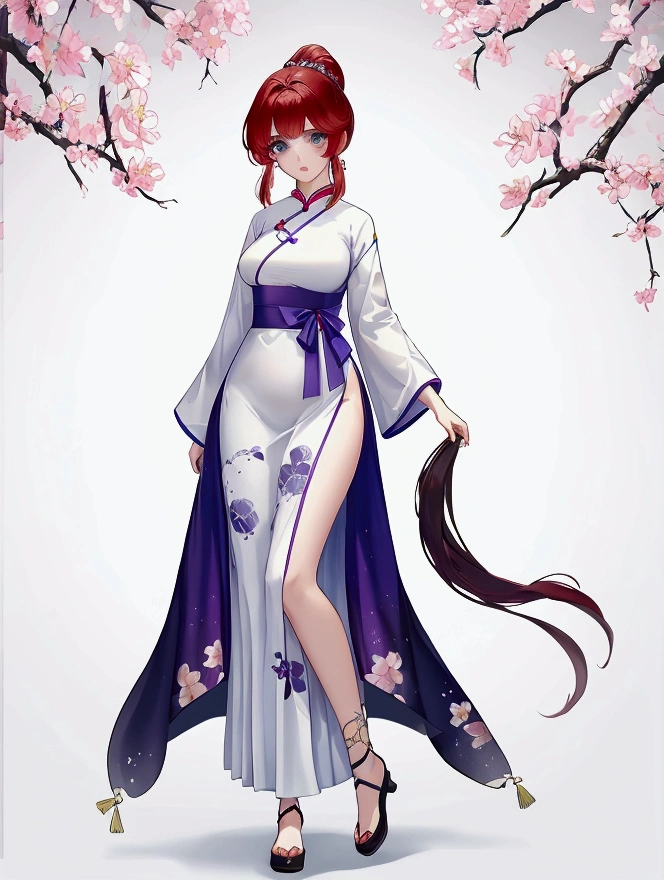 Create Female Ranma, make a girl,Clear contours, Colorful full body photos, (Beautiful and delicate eyes), (pretty face:1.3), childish face, Short red hair，Configure single ponytail, (Bangs), bumpy Bangs, blue gray eyes, big eyes，Plump breasts，(Clothes Chinese Hanfu)(Horse-faced long skirt)Top: fitted white shirt(fine lace),Bottom light purple chiffon wide-legged high-waisted loose and elegant nine-point pleated long skirt(Practical:1.2),(Floral Print),   (The actual upper and lower body clothes are:3.7 scale)，Face the camera head-on，One foot is slightly bent against the calf of the other leg。