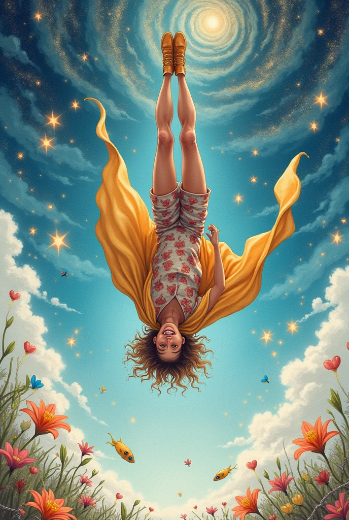 sparks clouds sparks moon stars , white blue sky sparks,, remedios varo SURREALISM harlequin man hanging out upside down by feet smiling  wavy hair. long cape sparks, liliums sparks  , sky full of  sparks   , heart sparks ,, stars sparks  , ,jewels SPARKS diamonds pearls rubies zafires ,  barbwire silver sparks , the four elements garland , fishes , white ice blue scarlet orange whitesparks, fireflies
[Watercolor (SDXL)]