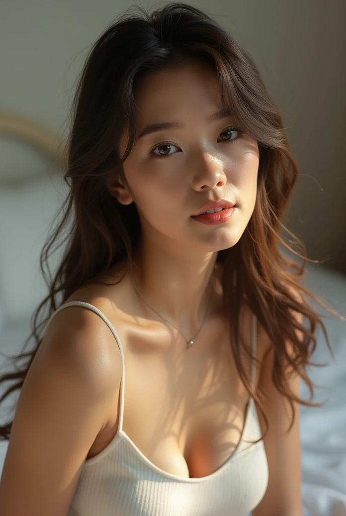 ((Best quality)), ((masterpiece)), (detailed:1.4), a beautiful girl, clevage, wearing white tank-top, sit, sideways, HDR, Ray Tracing,NVIDIA RTX, Super-Resolution ,Subsurface scattering, PBR Texturing, Post-processing, Anisotropic Filtering, Depth-of-field,Maximum clarity and sharpness, Multi-layered textures, Perfect proportions,Octane Render, Two-tone lighting, Wide aperture,Low ISO, White balance,Rule of thirds, 8K RAW.