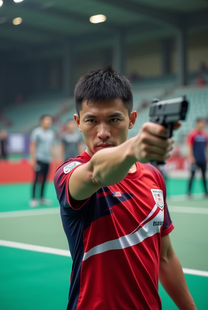 National Sports day, write on a t shirt of man when doing shooting sports