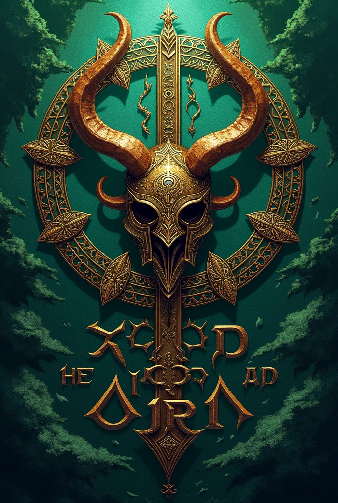 A cover, that has Viking symbols and the text “thrones of blood and iron”. with green background